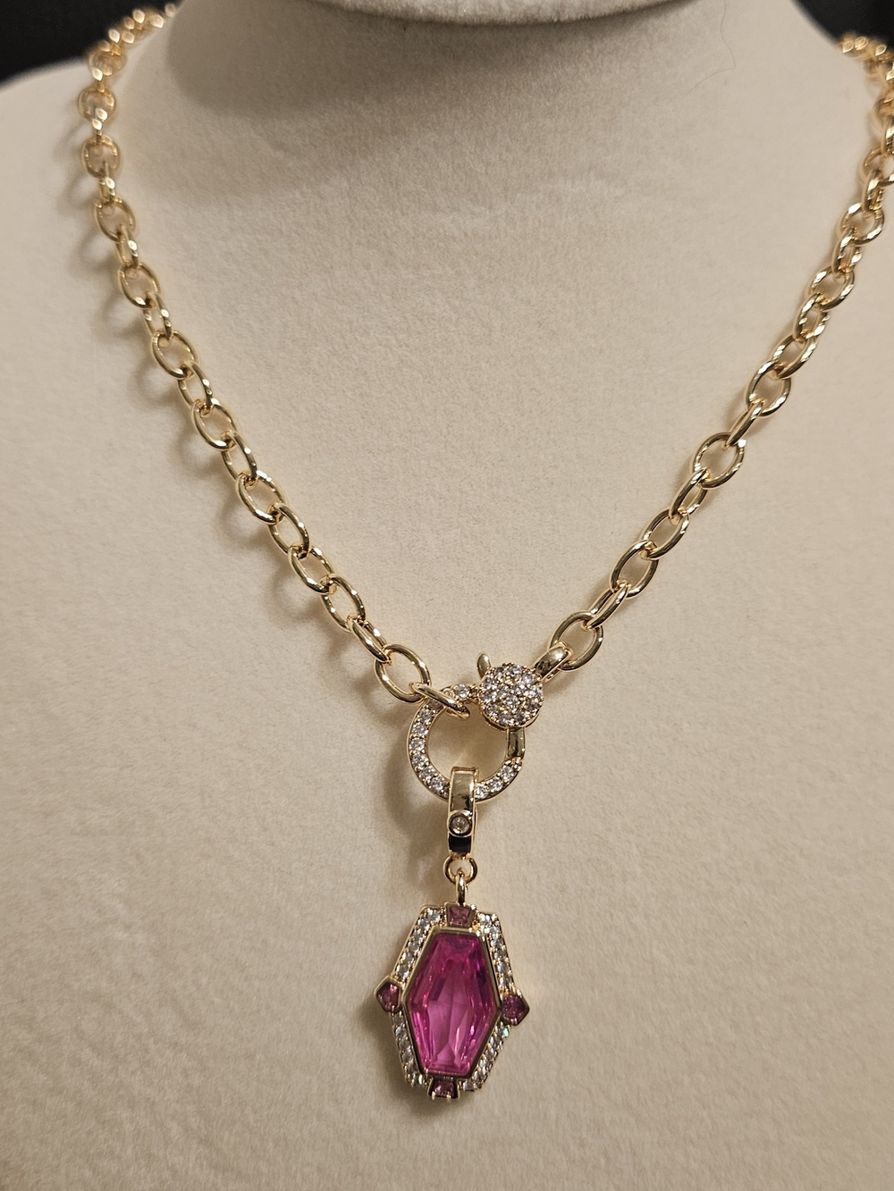 Gold-Tone Necklace with Pink Gemstone Drop Pendant
